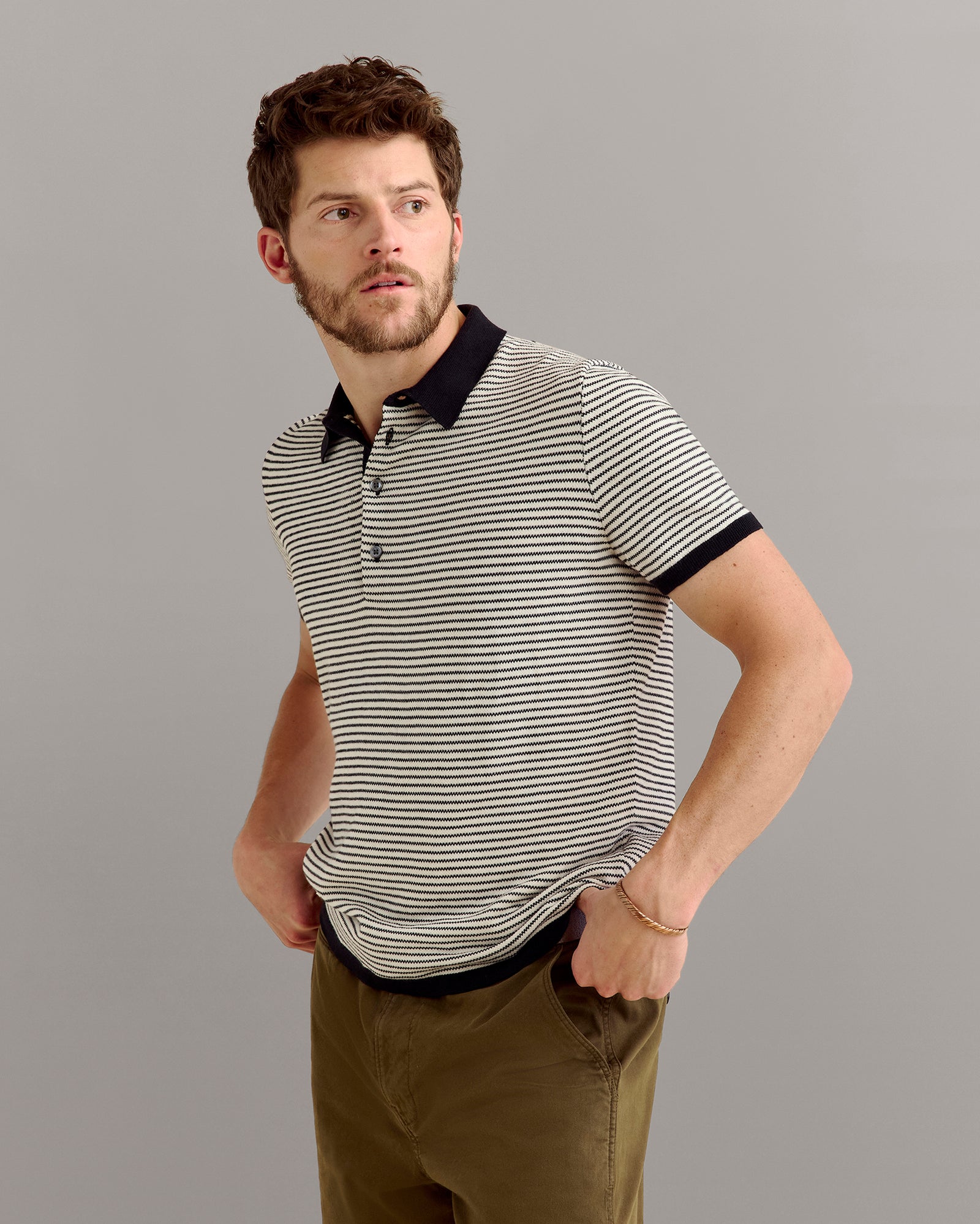 Stripe Sweater Polo in Tinted White/Black