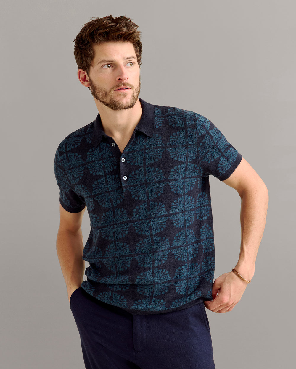 Tile Jacquard Sweater Polo in Carbon Blue