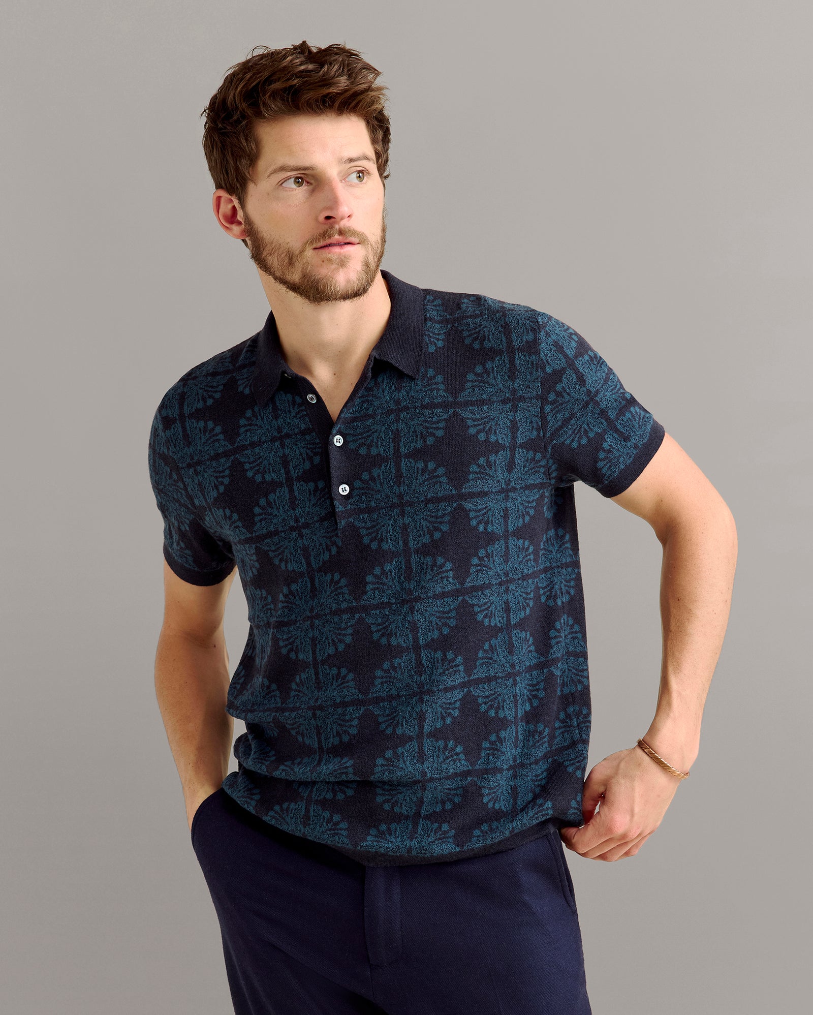 Tile Jacquard Sweater Polo in Carbon Blue