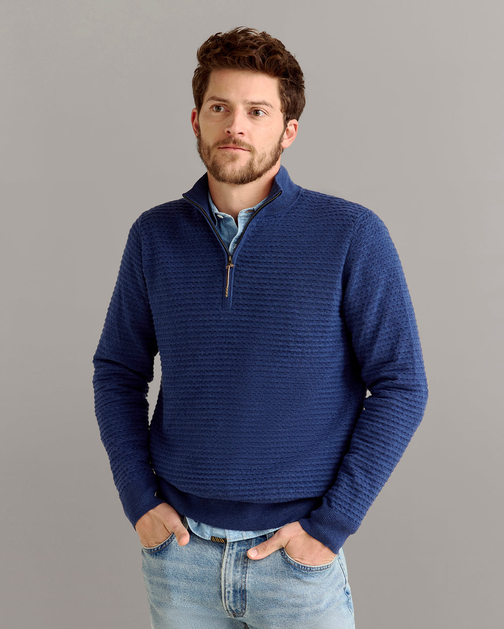 Linen Textured Half Zip Sweater in Dark Denim