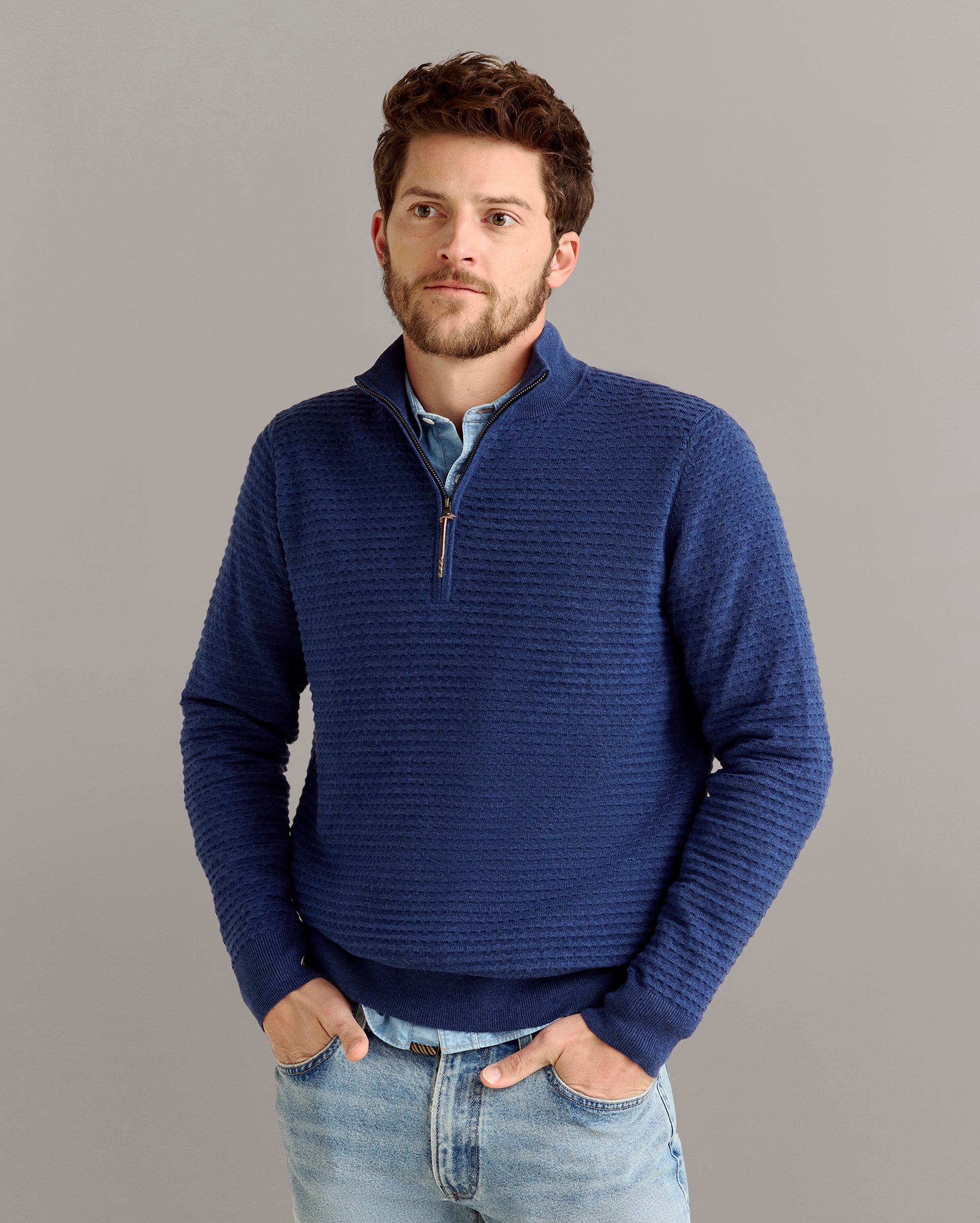 Linen Textured Half Zip Sweater in Dark Denim