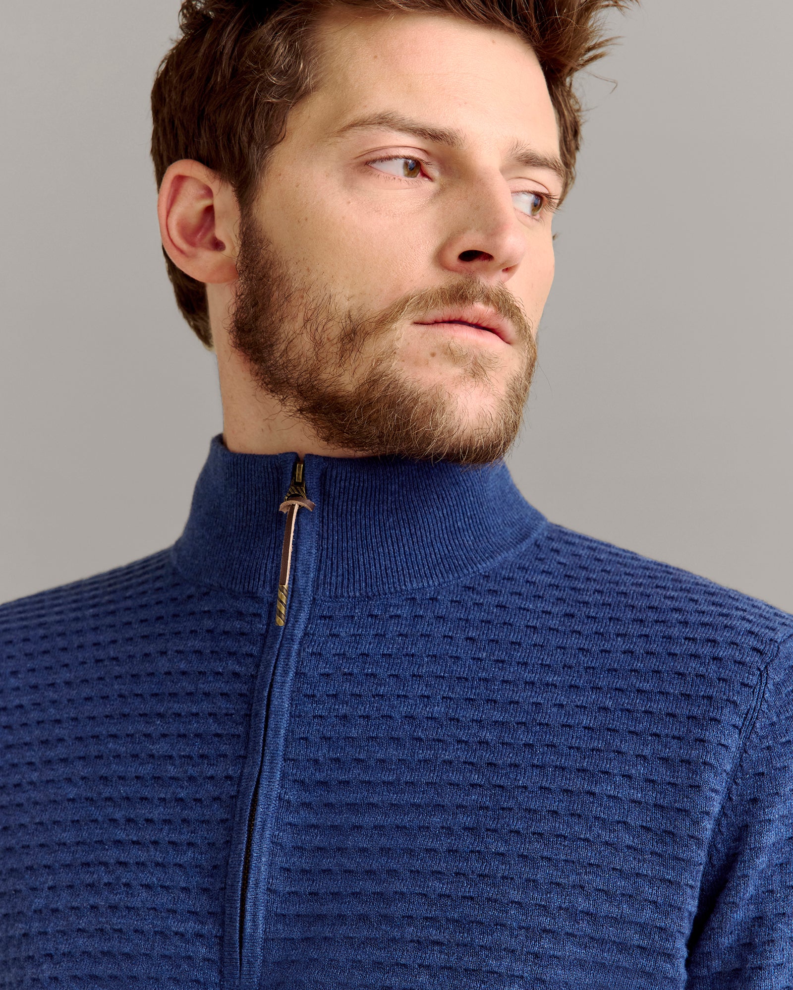 Linen Textured Half Zip Sweater in Dark Denim