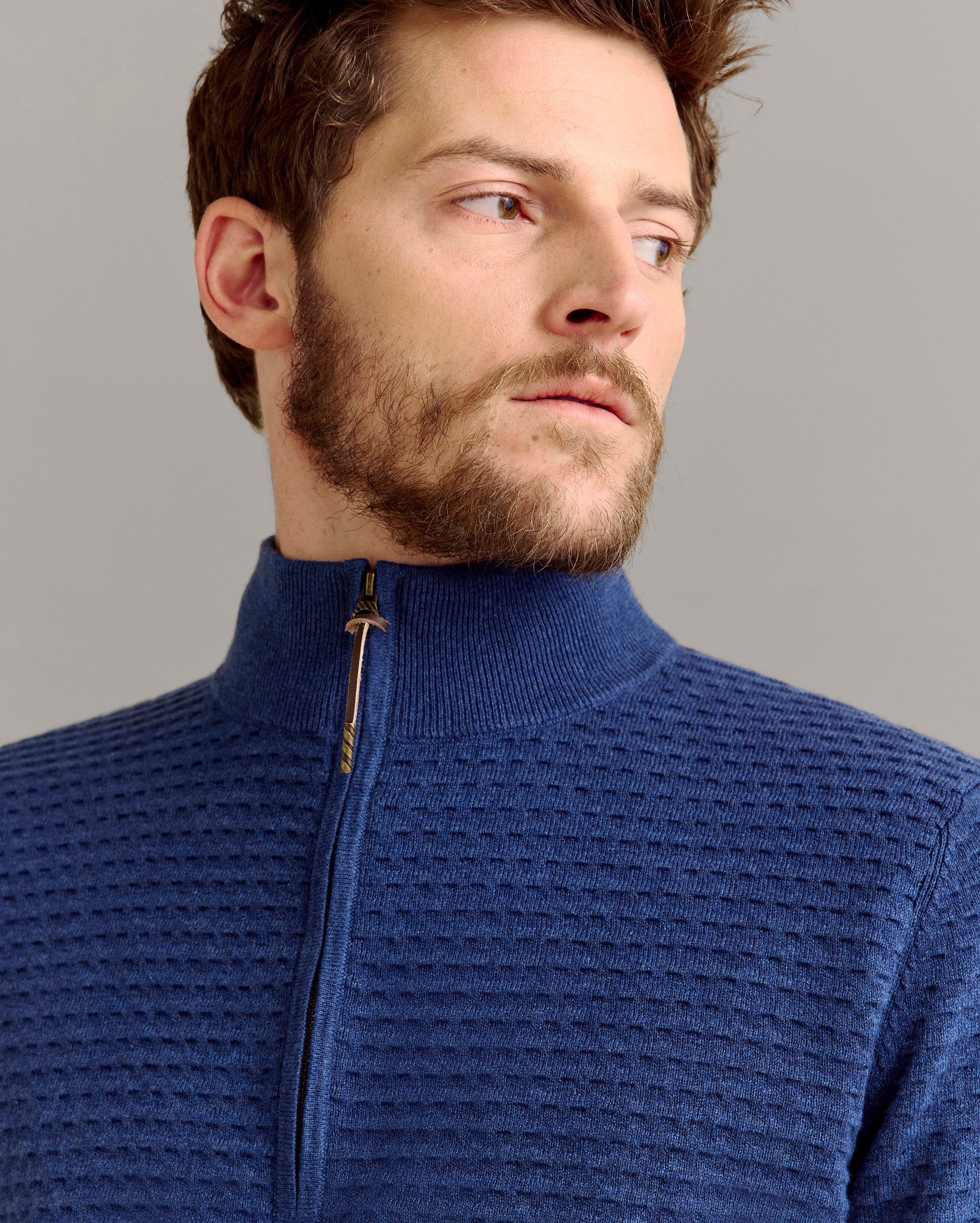 Linen Textured Half Zip Sweater in Dark Denim