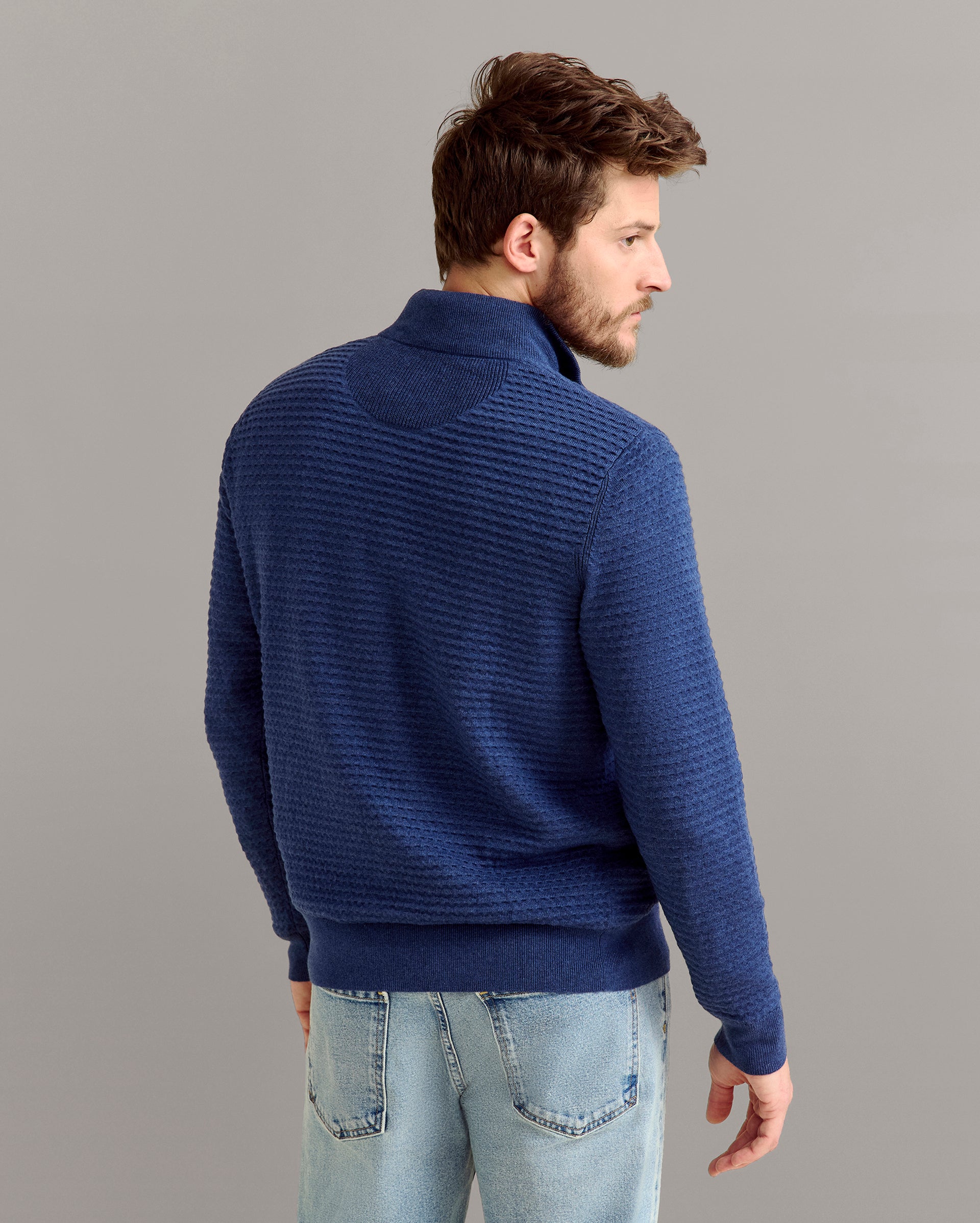 Linen Textured Half Zip Sweater in Dark Denim