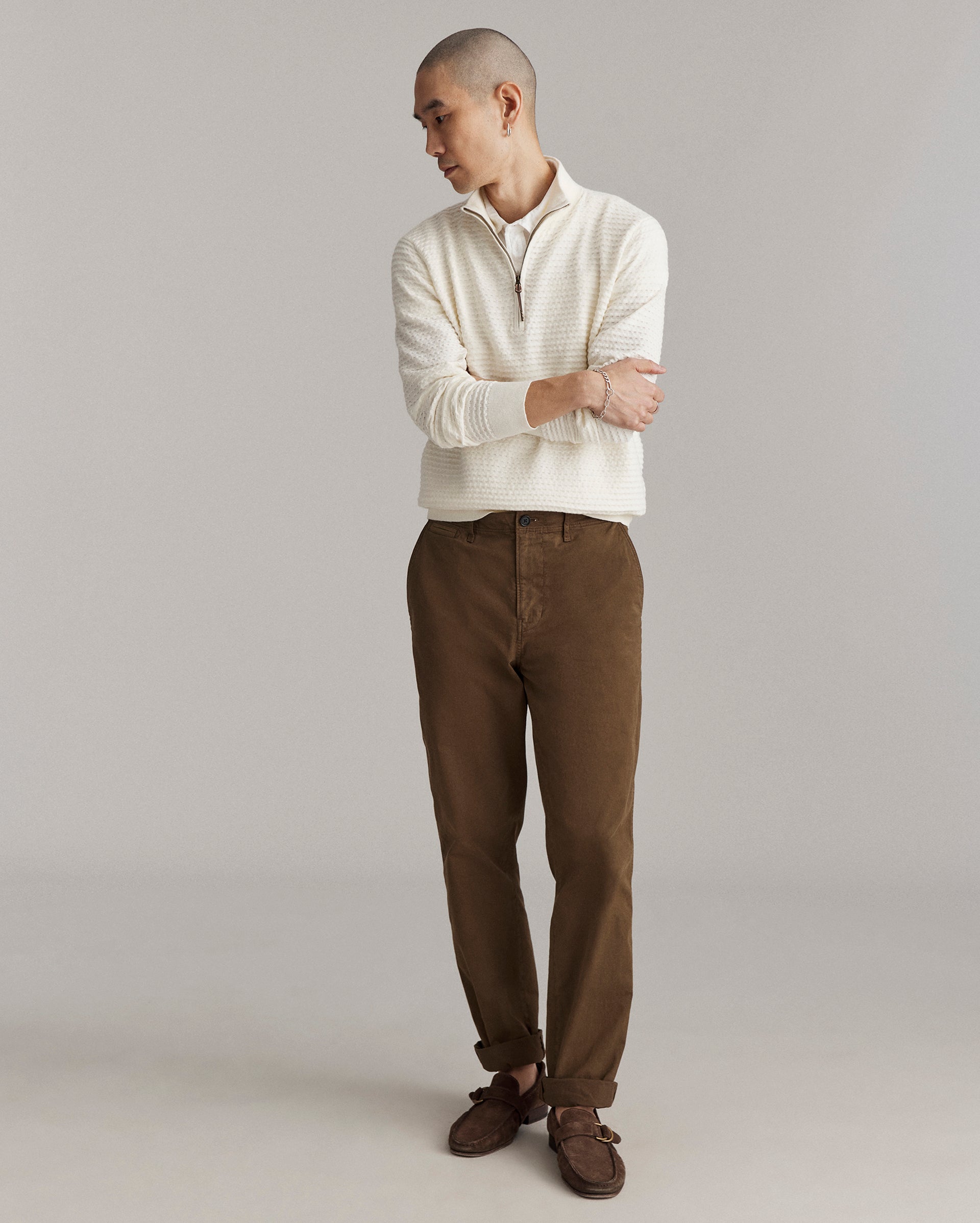 Billy Reid Linen Textured Half Zip Sweater with antique brass hardware