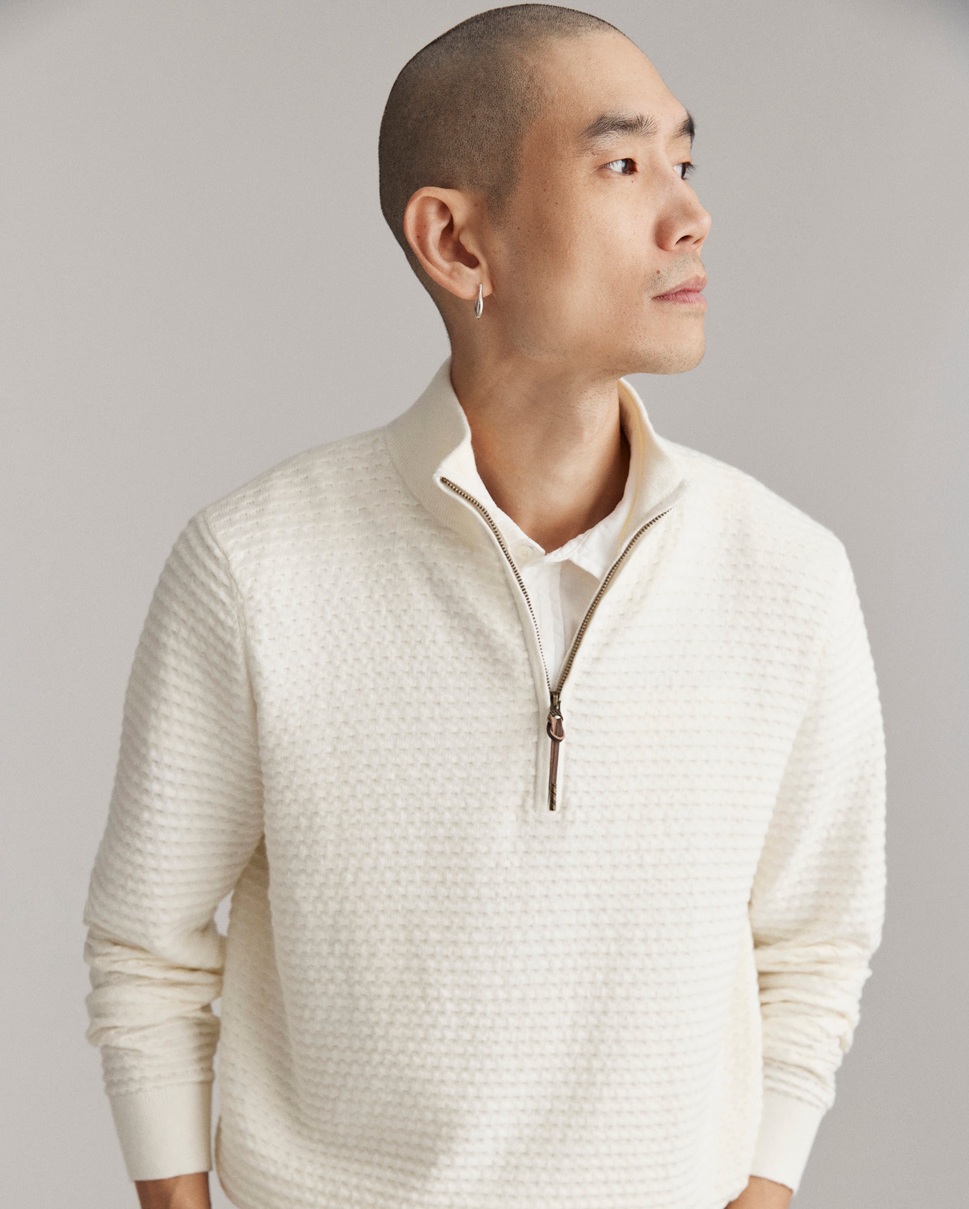 Billy Reid Linen Textured Half Zip Sweater with antique brass hardware