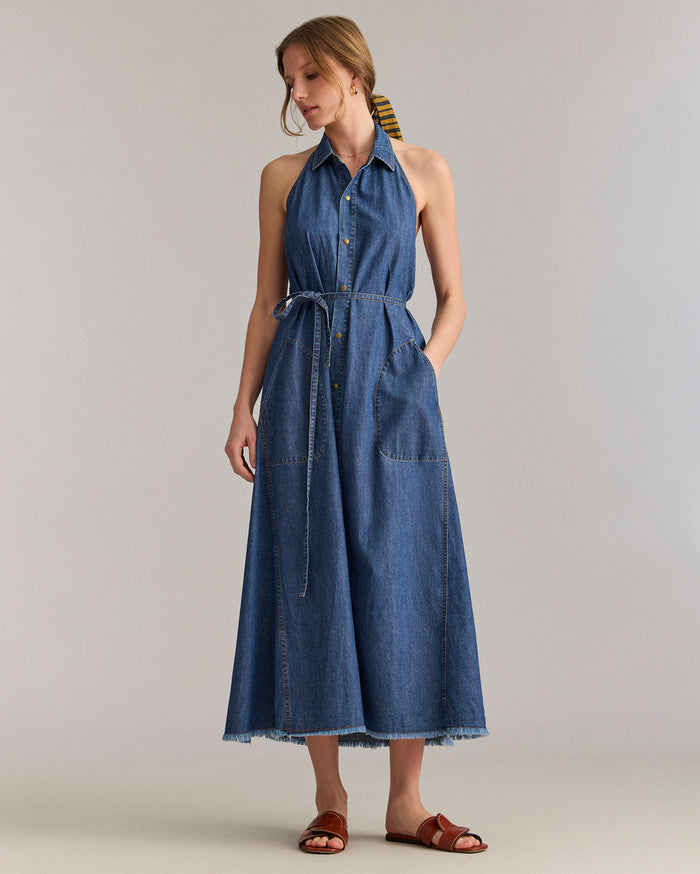 Denim Halterneck Shirt Dress - Denim Halterneck Shirt Dress -