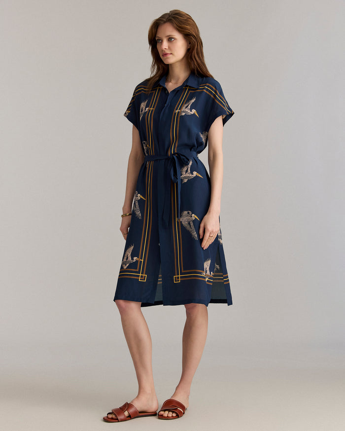 Silk Pelican Scarf Print Shirt Dress