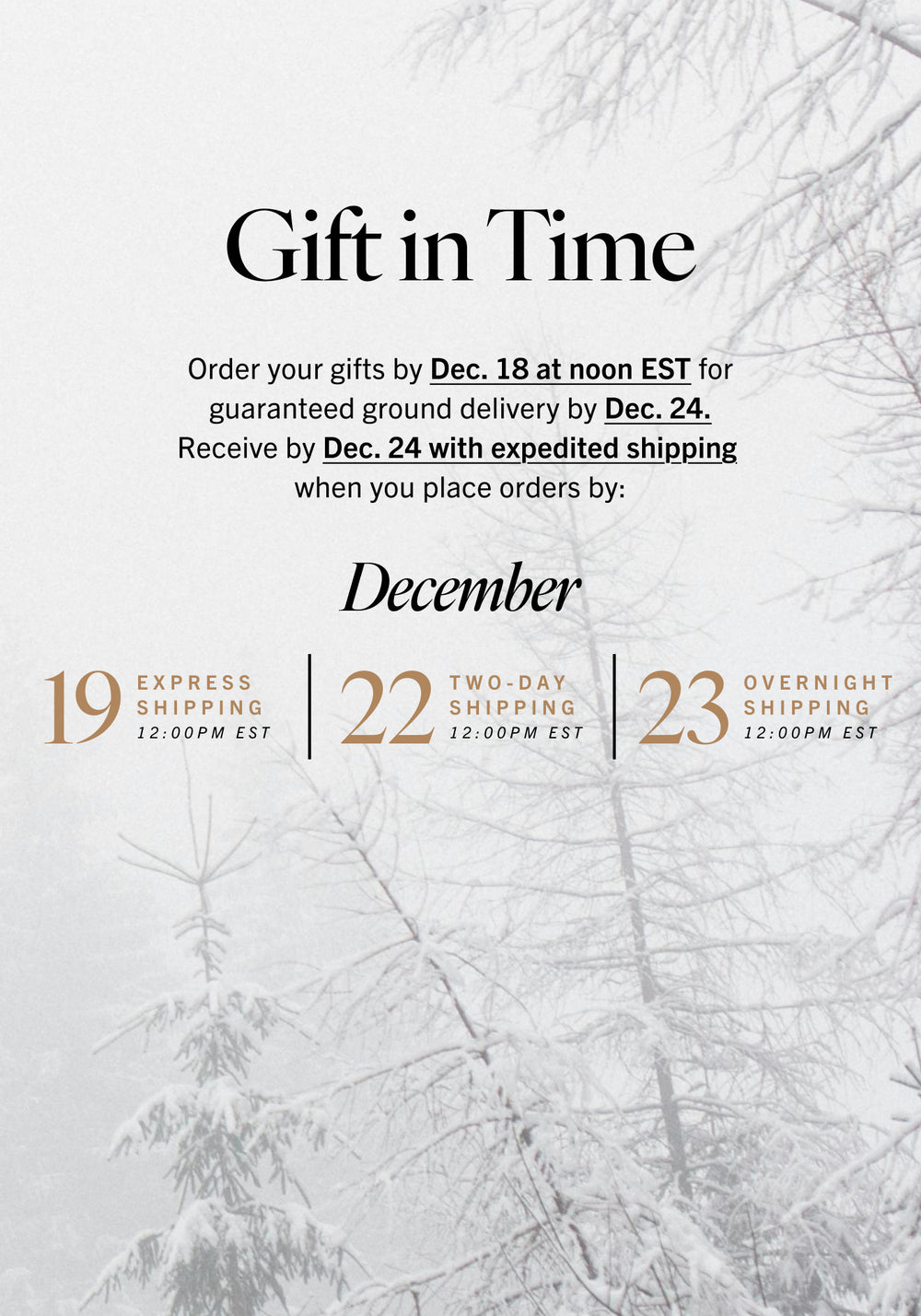 Order your gifts by Dec 18 at noon ET for guaranteed ground delivery by Dec 24. 