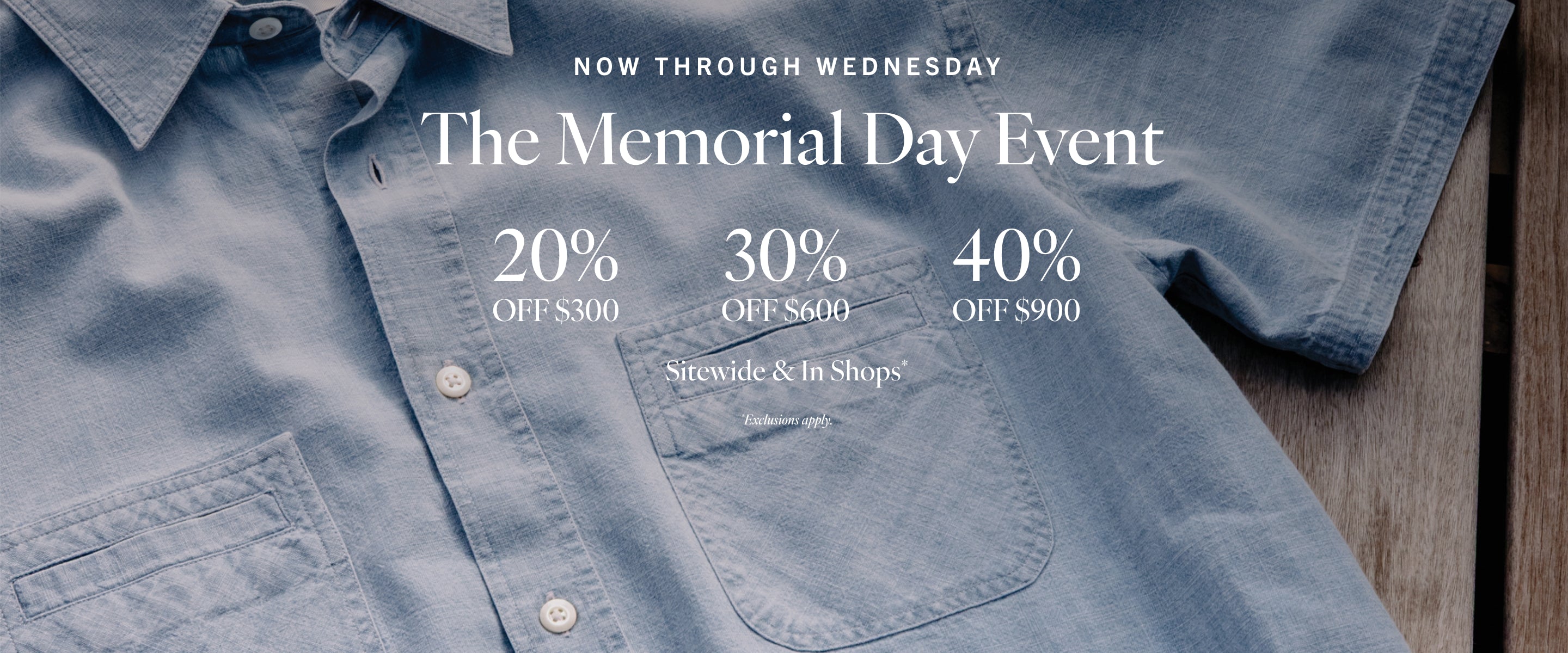 Promotional banner for Memorial Day event with denim shirt and discount information.