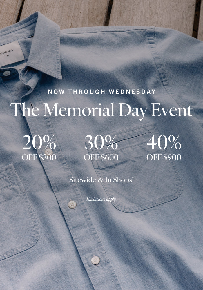Promotional banner for Memorial Day event with denim shirt and discount information.