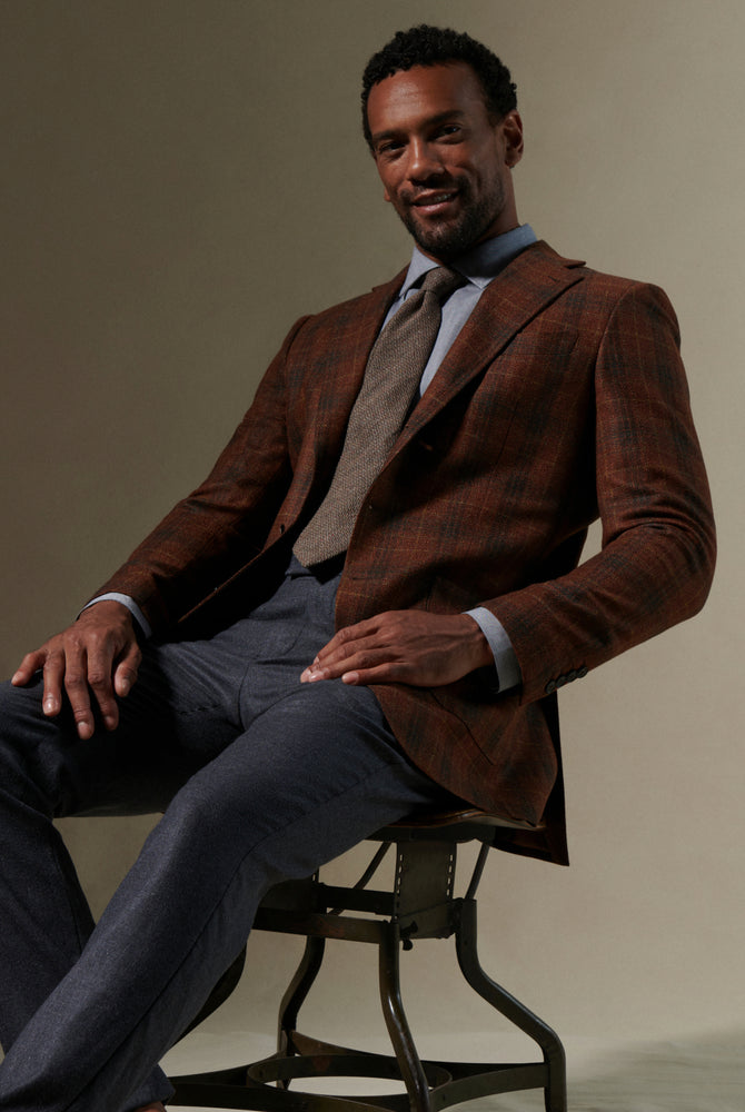 model wears custom jacket