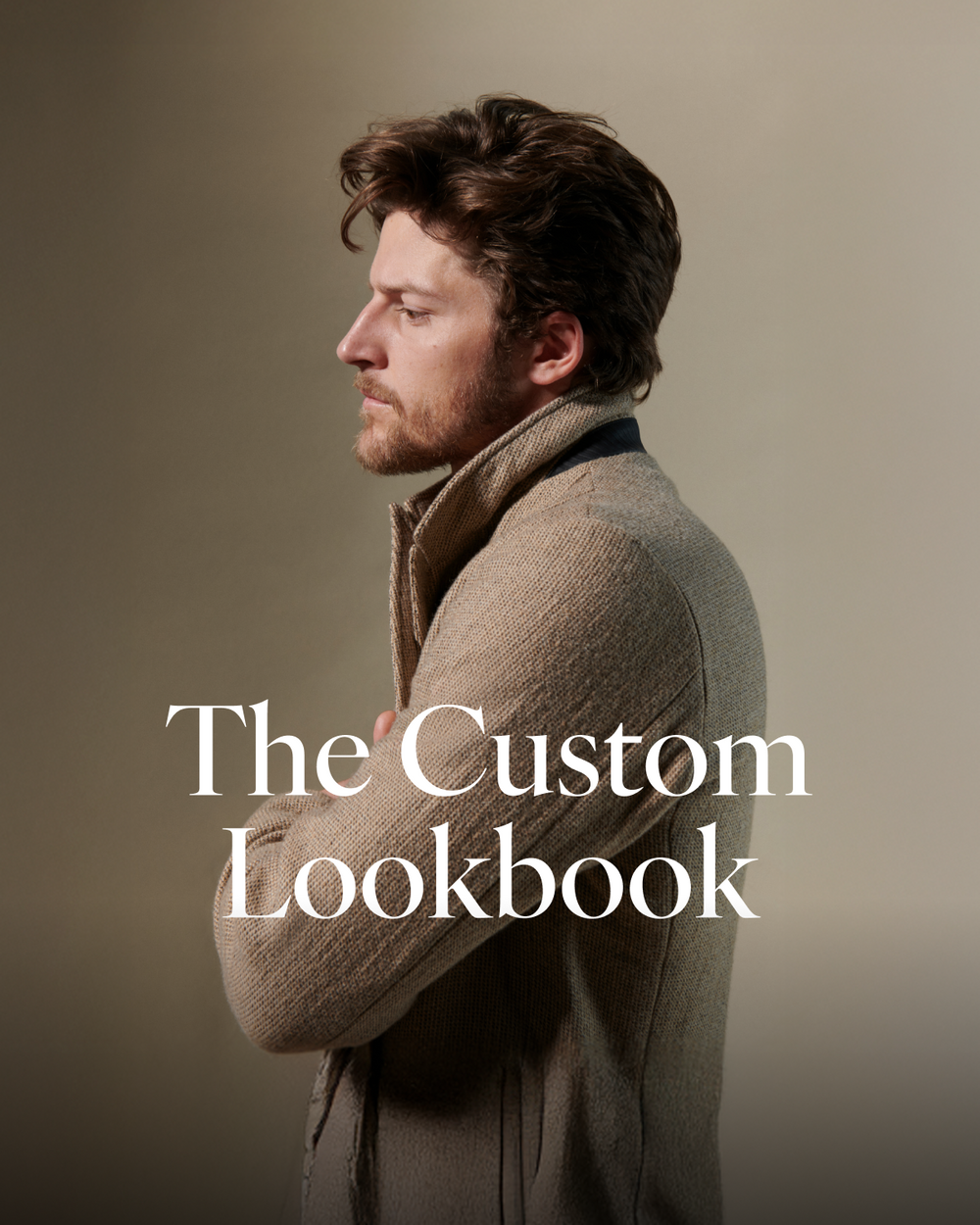Man wearing a brown coat with 'The Custom Lookbook' text overlay on a beige background