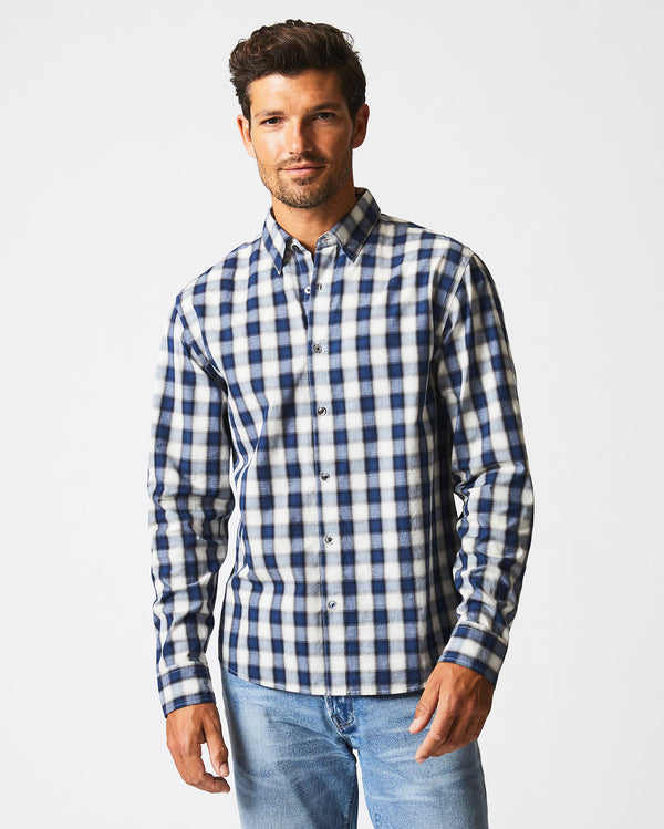 Male model wears the SHADOW PLAID TUSCUMBIA SHIRT HIDDEN BD in BLUE/NATURAL