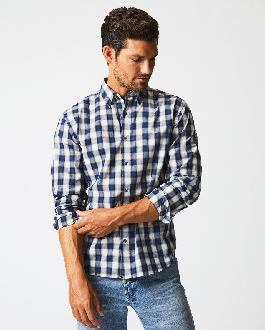 Male model wears the SHADOW PLAID TUSCUMBIA SHIRT HIDDEN BD in BLUE/NATURAL