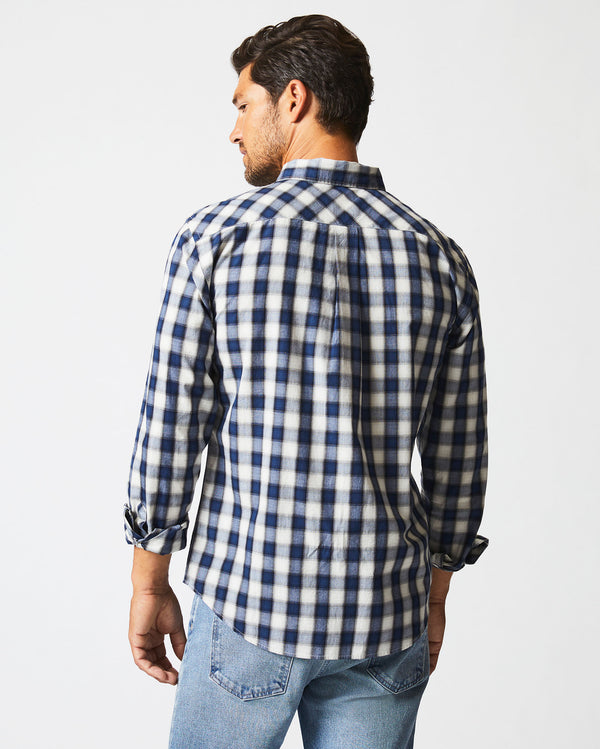 Male model wears the SHADOW PLAID TUSCUMBIA SHIRT HIDDEN BD in BLUE/NATURAL
