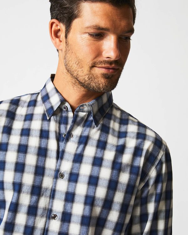 Male model wears the SHADOW PLAID TUSCUMBIA SHIRT HIDDEN BD in BLUE/NATURAL