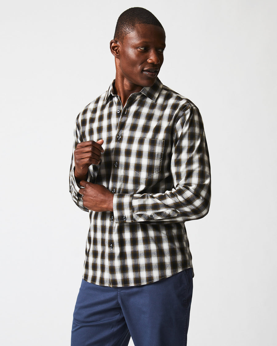 Male model wears the Shadow Plaid Tuscumbia in Black/Multi