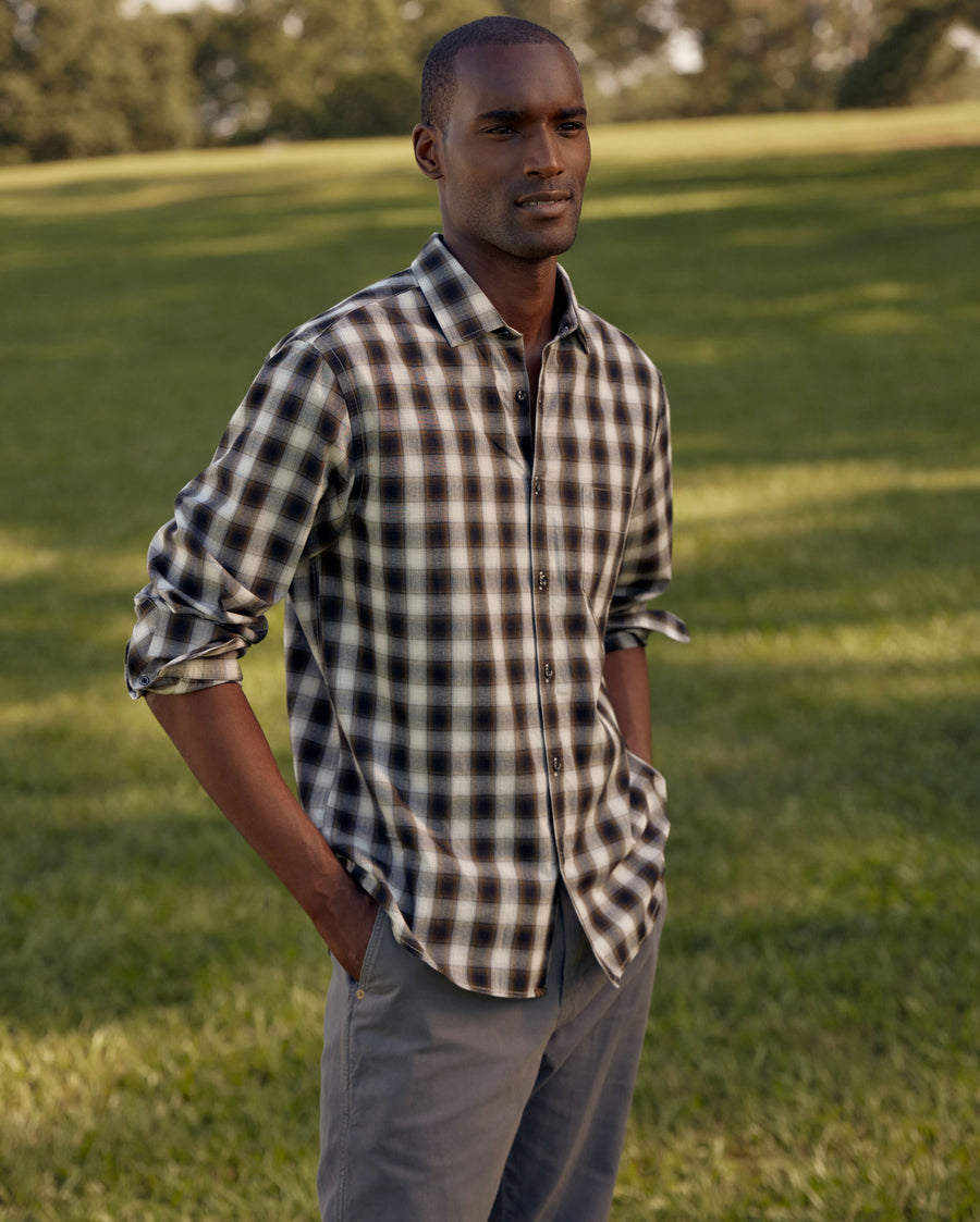 Male model wears the Shadow Plaid Tuscumbia in Black/Multi