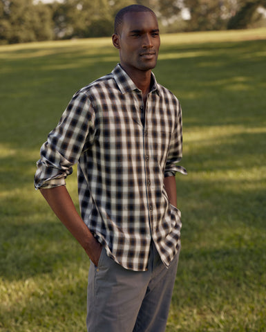 Male model wears the Shadow Plaid Tuscumbia in Black/Multi