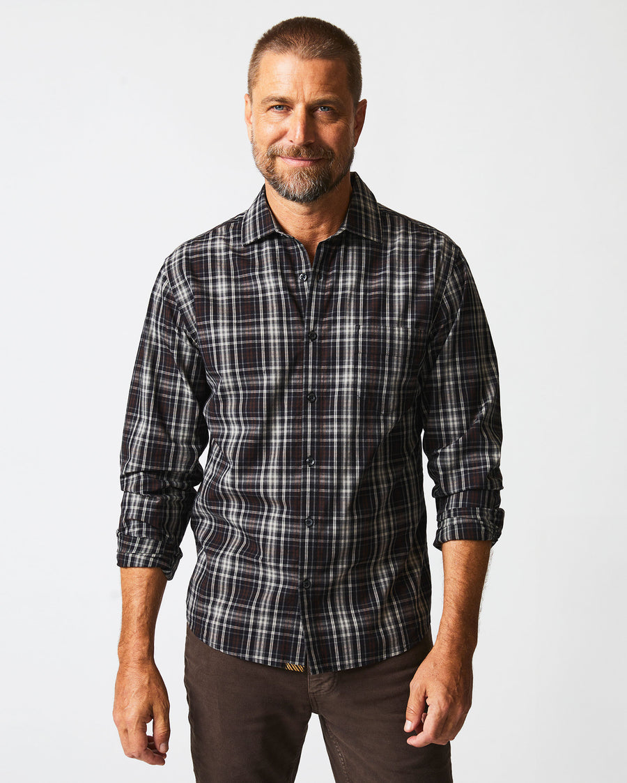 Male model wears the Tonal Plaid Tuscumbia Shirt in Black/Multi