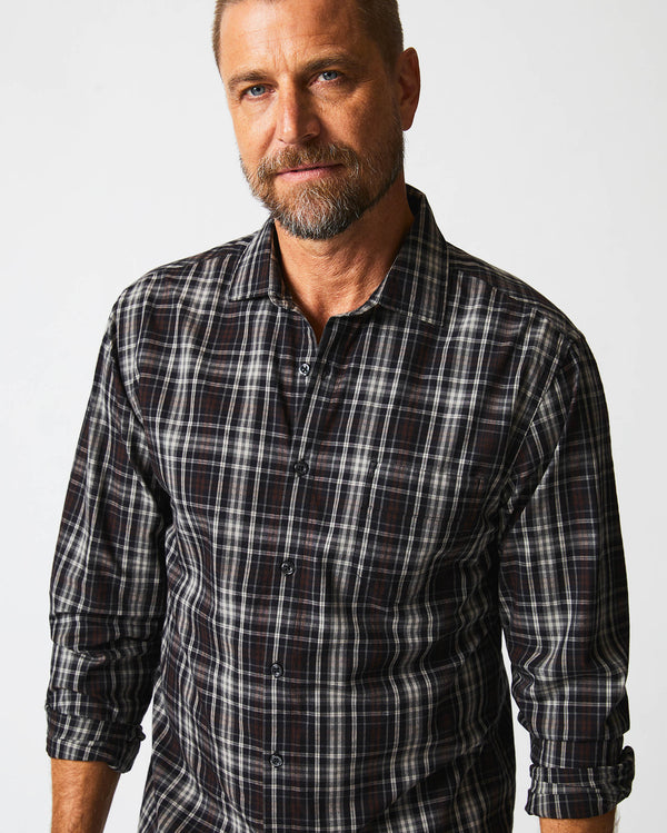 Male model wears the Tonal Plaid Tuscumbia Shirt in Black/Multi