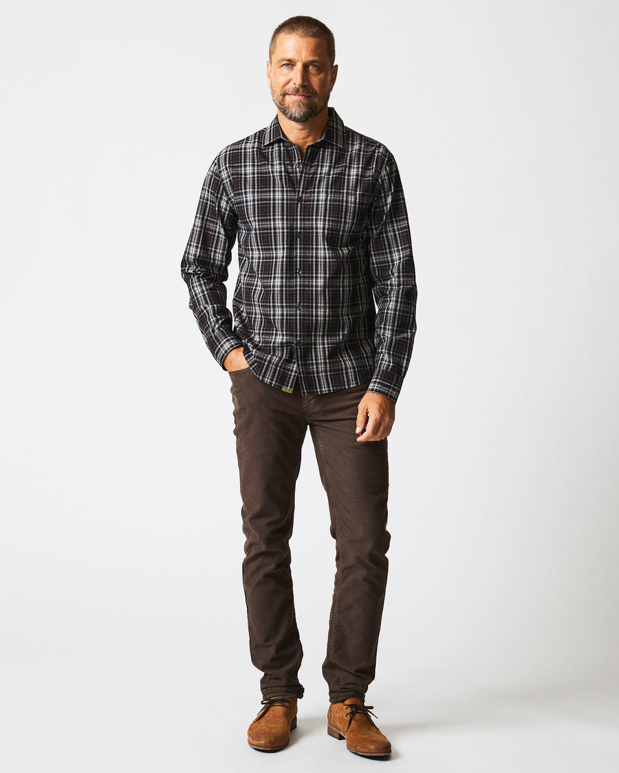 Male model wears the Tonal Plaid Tuscumbia Shirt in Black/Multi