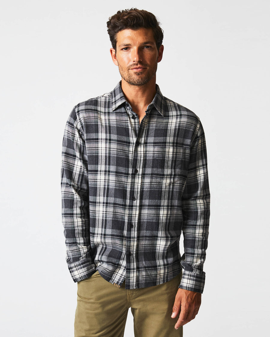 Male model wears the Brushed Bold Plaid Tuscumbia Shirt in Grey/Black