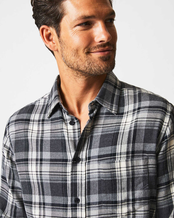 Male model wears the Brushed Bold Plaid Tuscumbia Shirt in Grey/Black