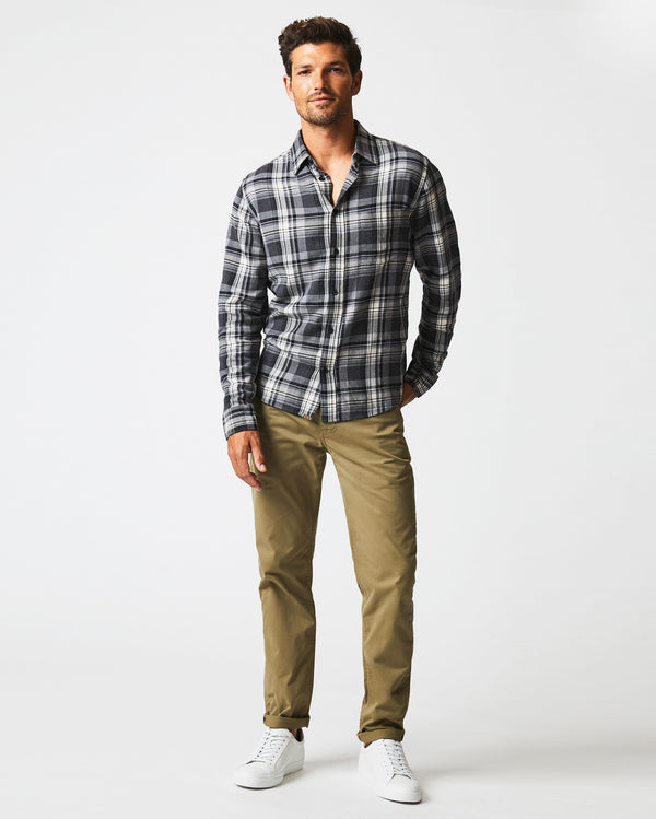 Male model wears the Brushed Bold Plaid Tuscumbia Shirt in Grey/Black