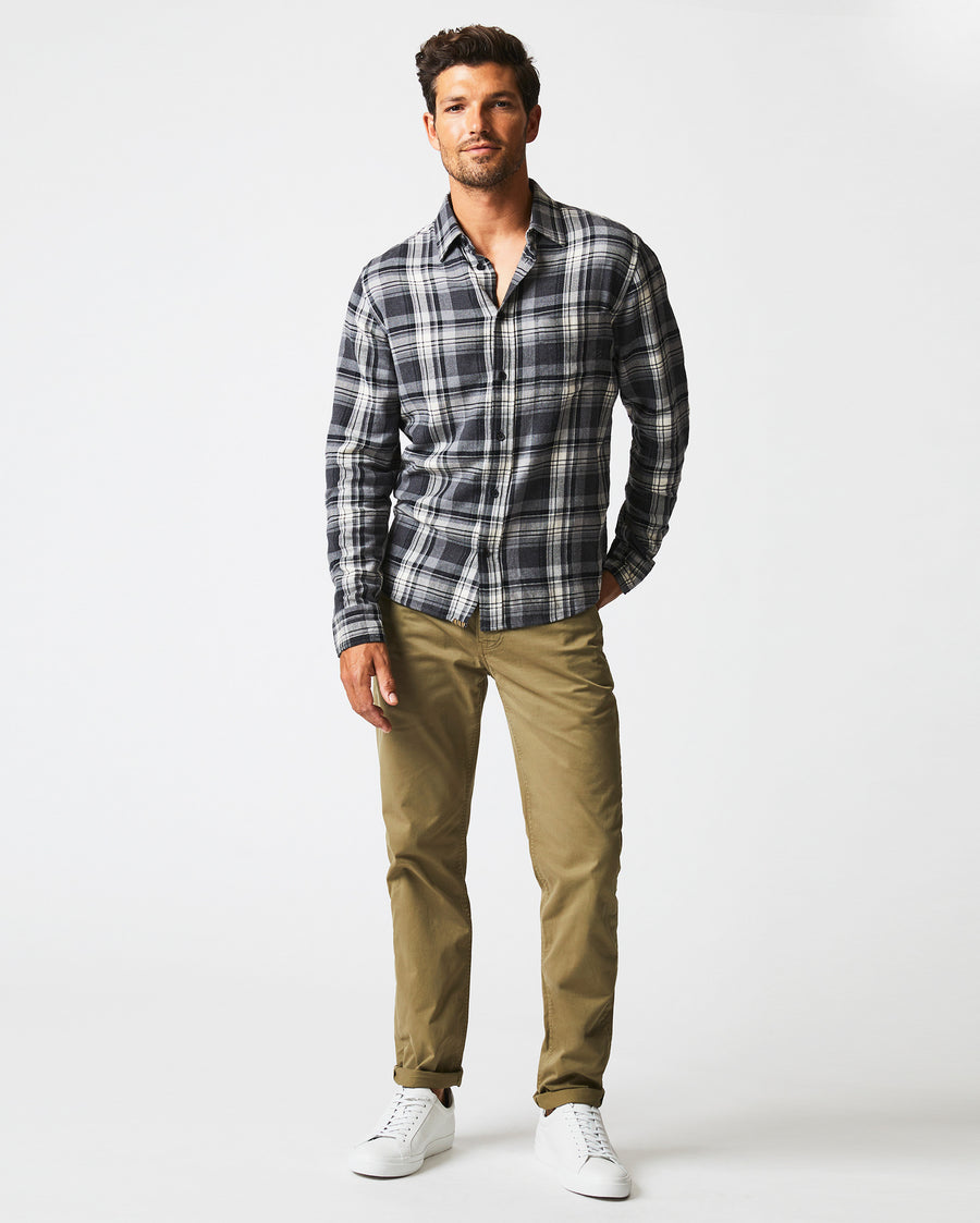 Male model wears the Brushed Bold Plaid Tuscumbia Shirt in Grey/Black