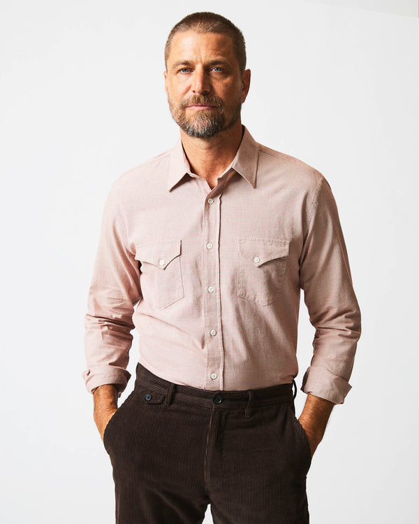 Male Model wears the Basket Check Western in Natural/Red