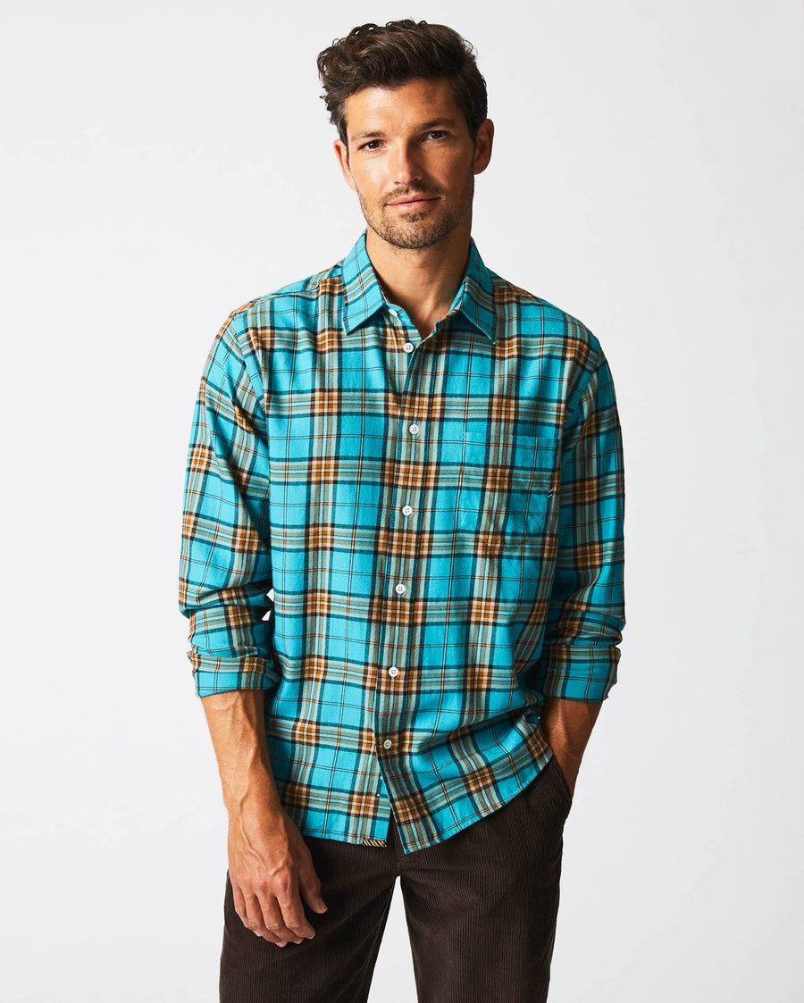 Male model wears the Bold Plaid Tuscumbia Shirt in Slate/Multi