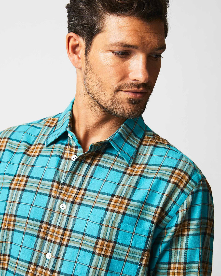 Male model wears the Bold Plaid Tuscumbia Shirt in Slate/Multi