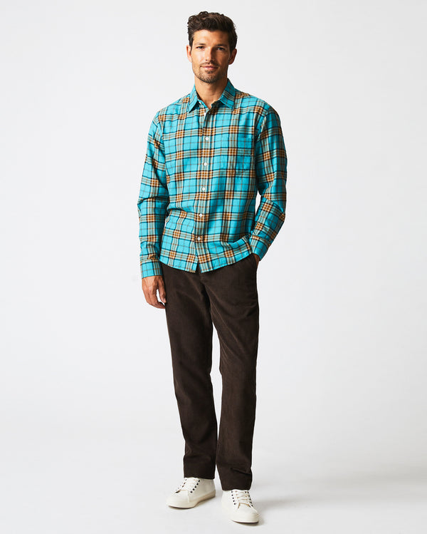 Male model wears the Bold Plaid Tuscumbia Shirt in Slate/Multi