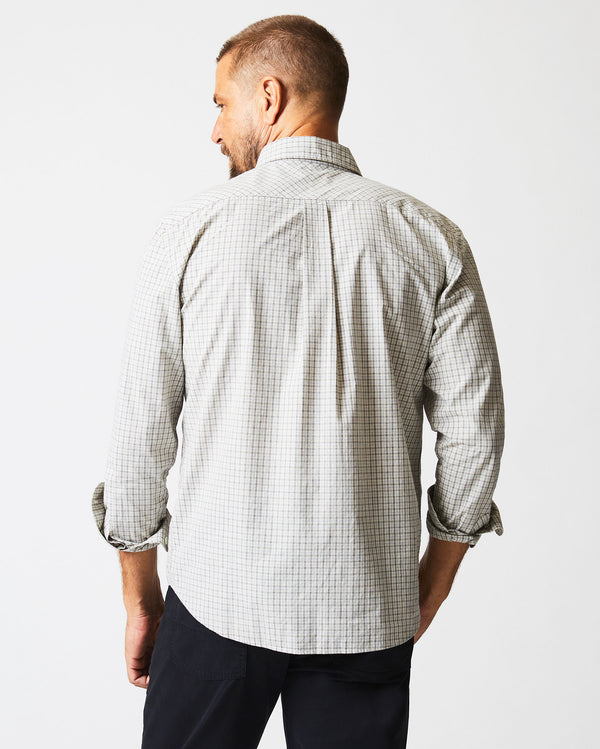 Male model wears the Melange Check Tuscumbia Shirt in Light Gray/Yellow 