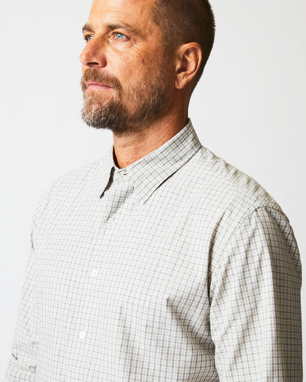 Male model wears the Melange Check Tuscumbia Shirt in Light Gray/Yellow 