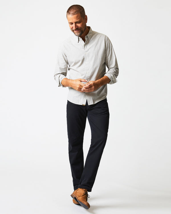 Male model wears the Melange Check Tuscumbia Shirt in Light Gray/Yellow 