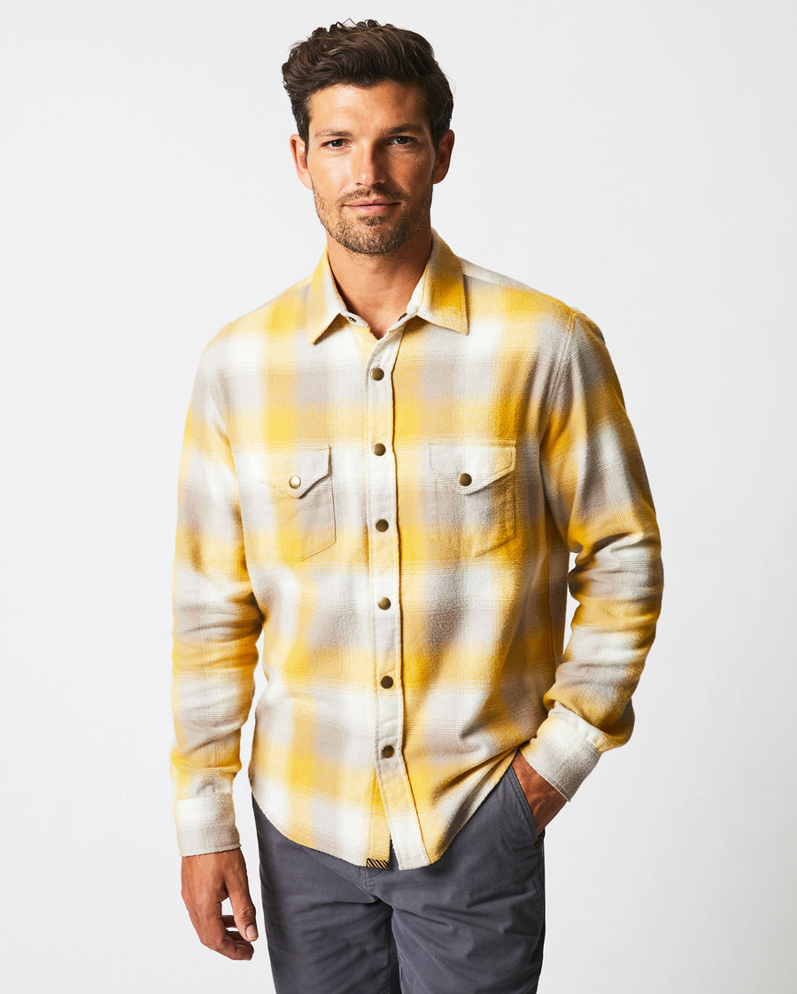 Male model wears the Flannel Bold Plaid Western Snap Front Shirt in Natural/Yellow