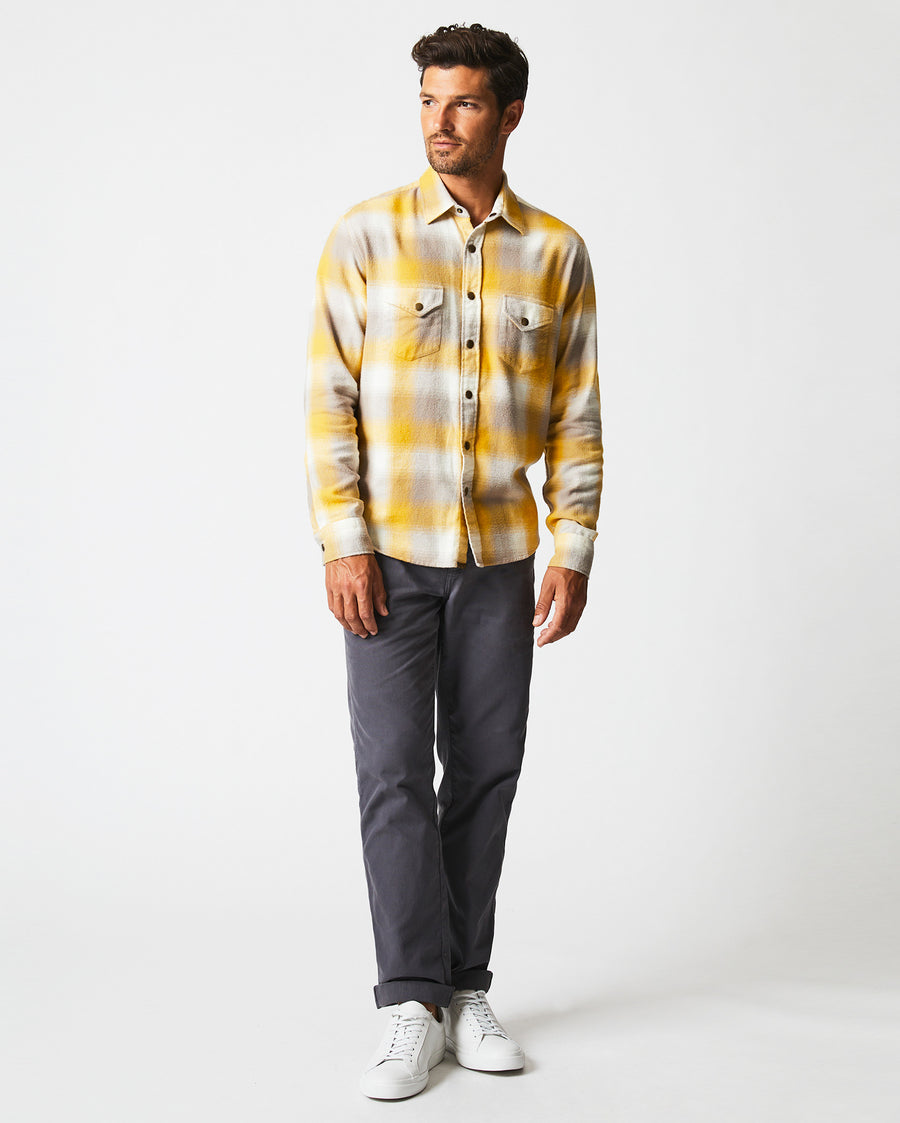 Male model wears the Flannel Bold Plaid Western Snap Front Shirt in Natural/Yellow