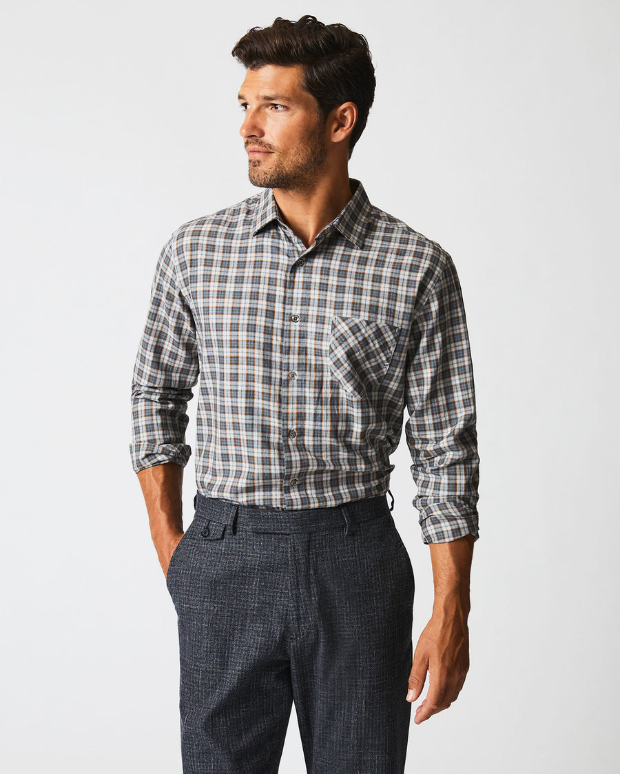 Herringbone Plaid John T Shirt in Grey/Tan