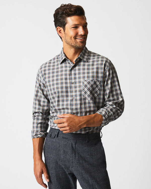 Herringbone Plaid John T Shirt in Grey/Tan