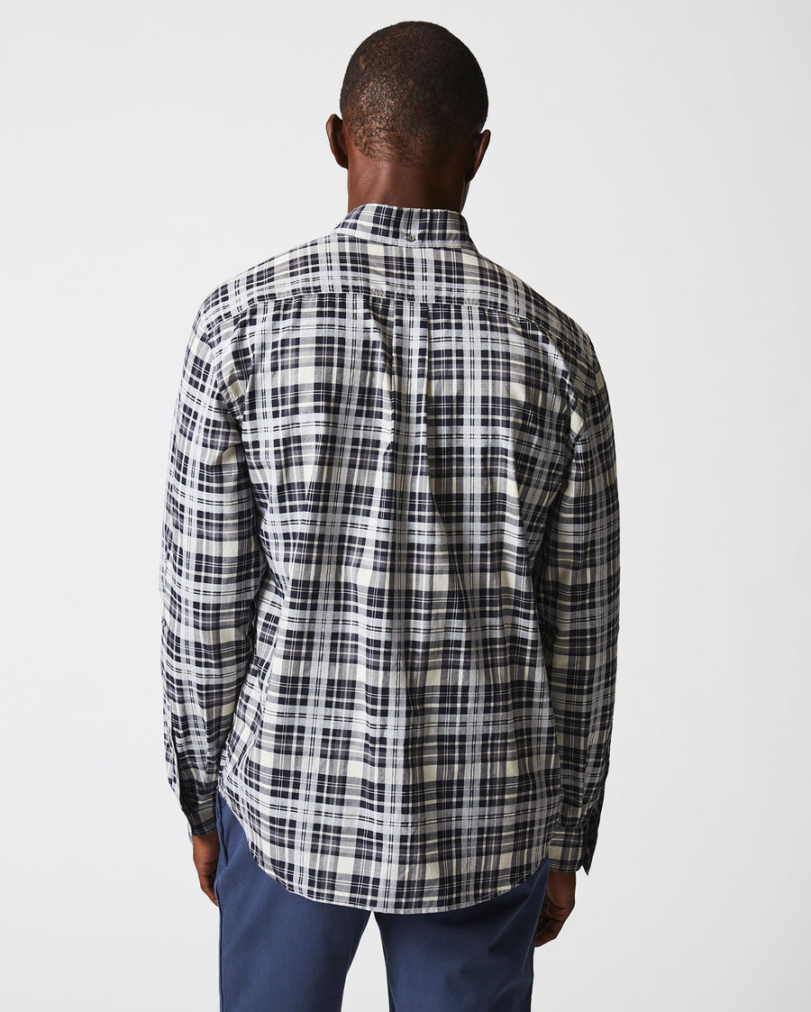 Male model wears the melange textural plaid tuscumbia shirt bd in grey/black