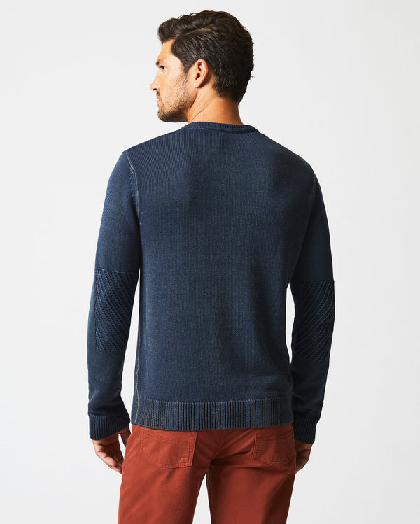 Male model wears the Garment Dyed Henley Sweater in Carbon Blue