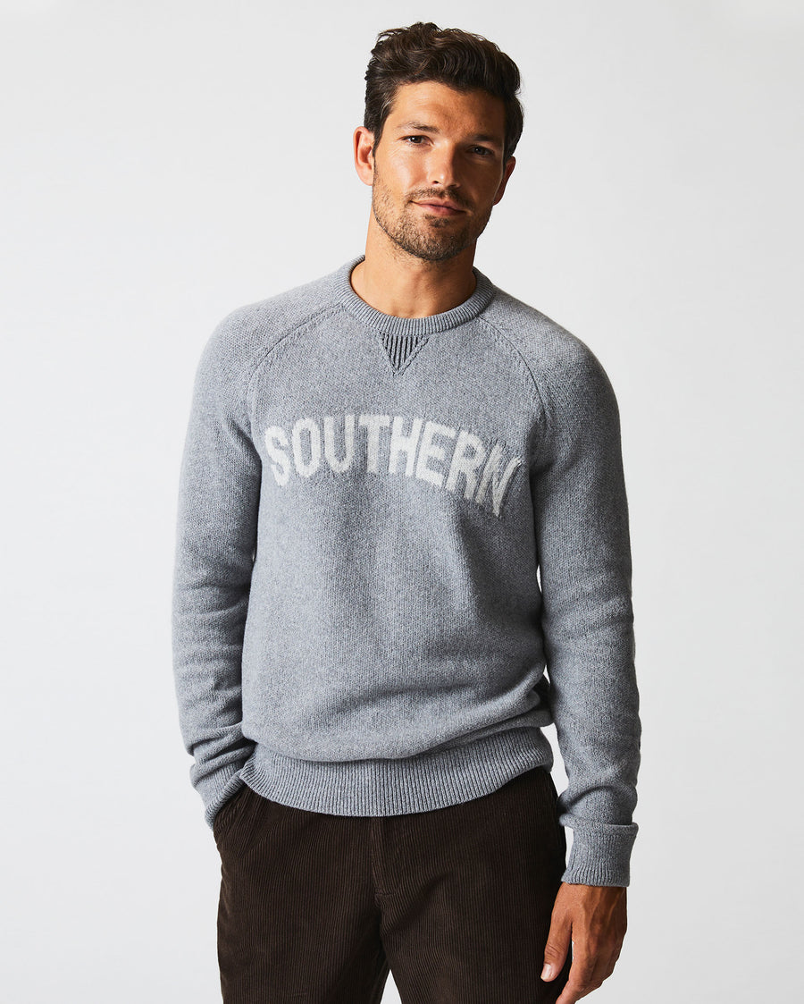 Male model wears the Southern Sweater in Grey