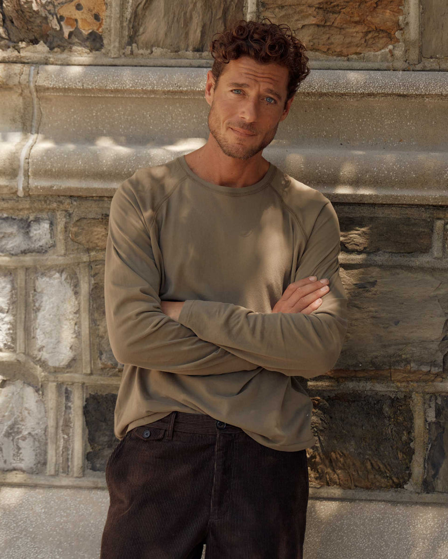 Male model wears the L/S Sueded Cotton Crew in Moss Green