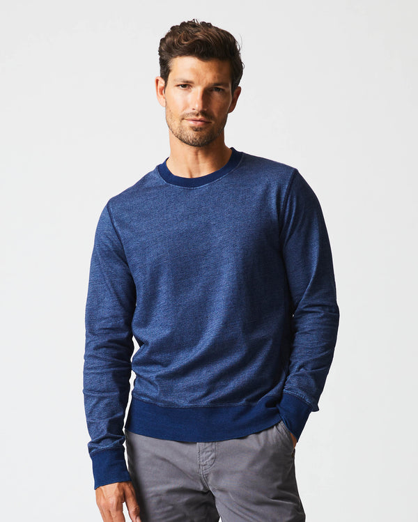 Male model wears the Indigo Terry Sweatshirt in Dark Indigo | Shown from front