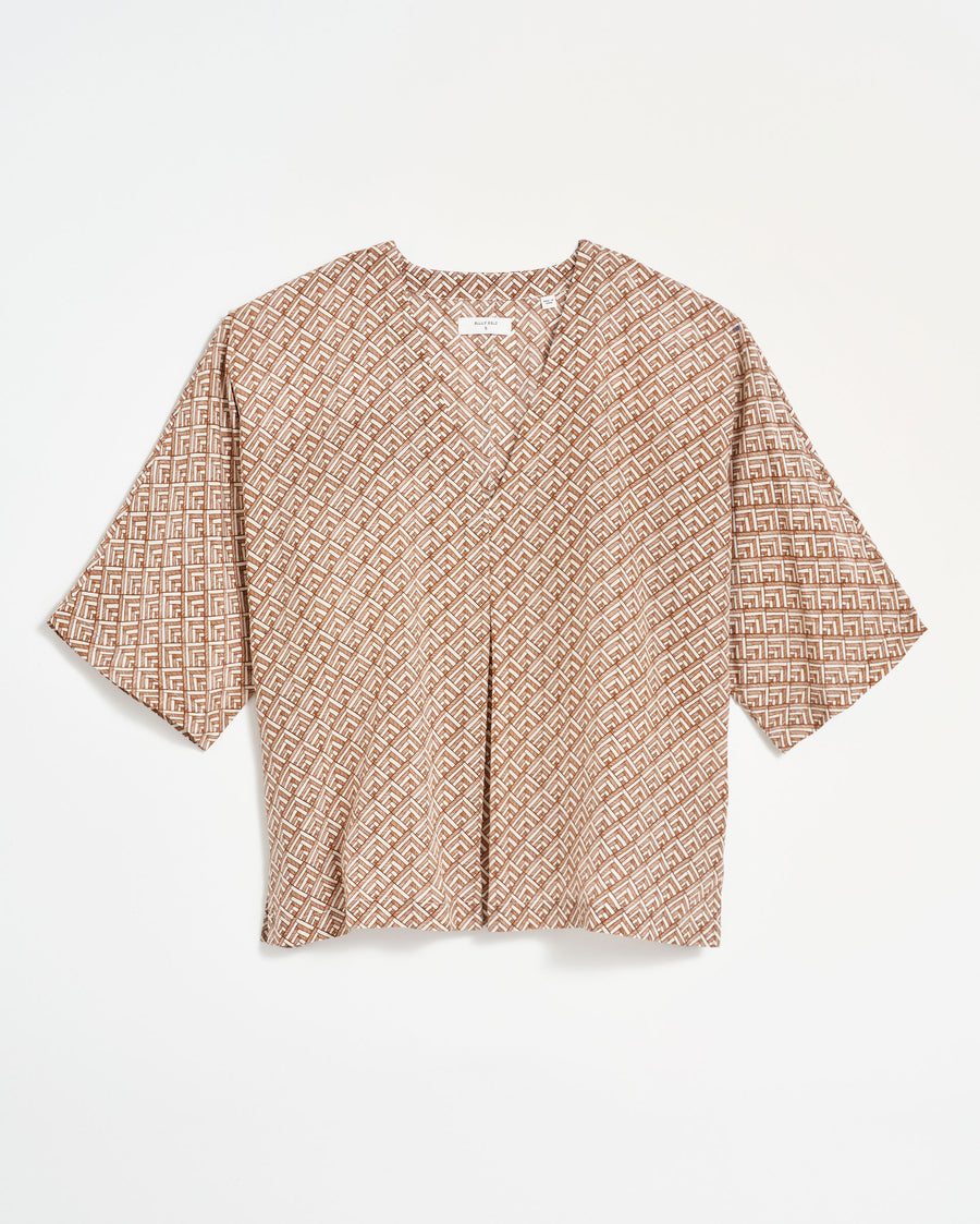 V Pleat Blouse in Cream/Brown