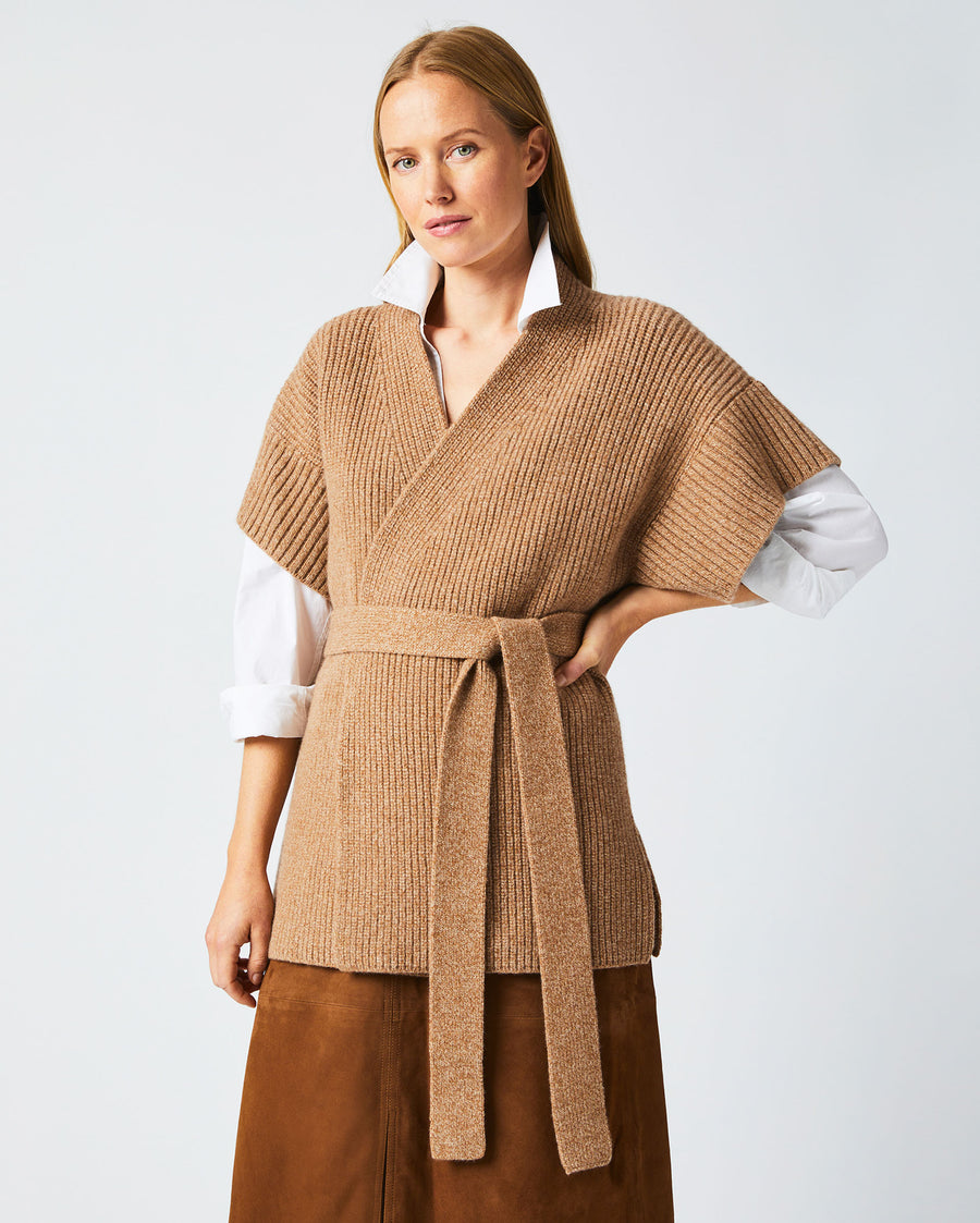 Female model wears the Shell Wrap Cardigan in Camel