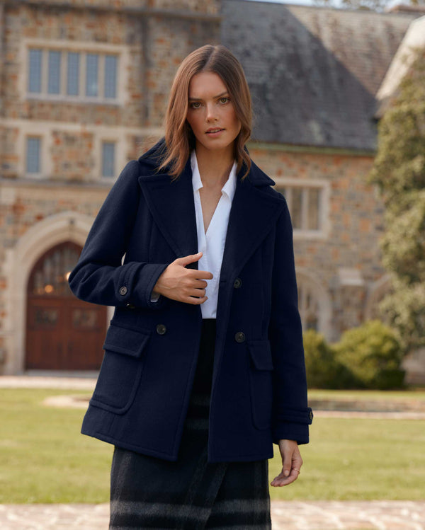 Female model wears the Peacoat in Navy/Topaz